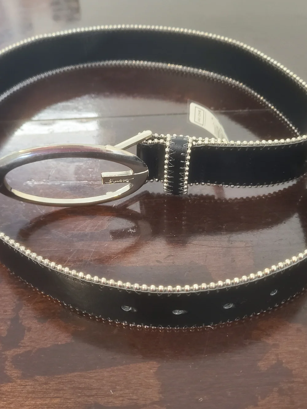 Guess Black Leather-Look Belt with Silver Beaded Edge